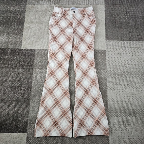 Hollister Plaid Flared Pants Womens Small Bell Bottom 70's Style Pull On Stretch - Picture 1 of 9
